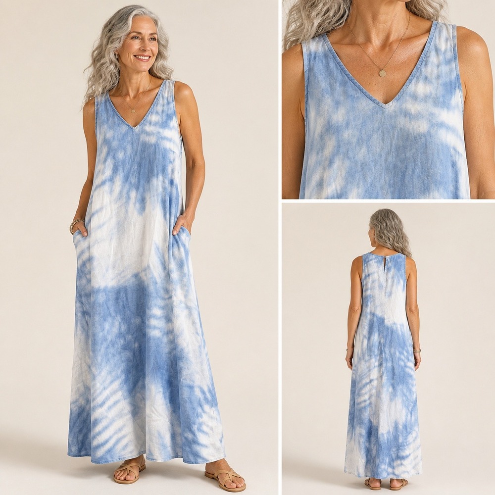 J.Jill Love Linen Tie-Dye Maxi Dress M Blue White Sleeveless Pockets V-Neck